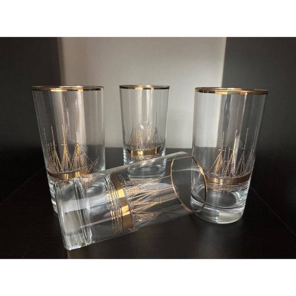 Vintage Set of 4 Midcentury 22K Gold Embossed Clipper Ship Glasses - Picture 4 of 8